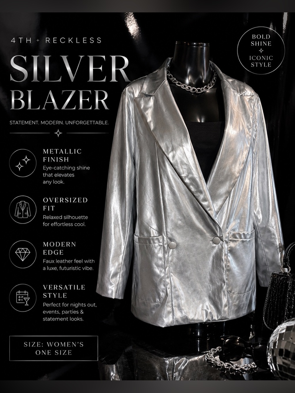 4th + Reckless Silver Metallic Blazer Jacket Statement Piece Y2K
